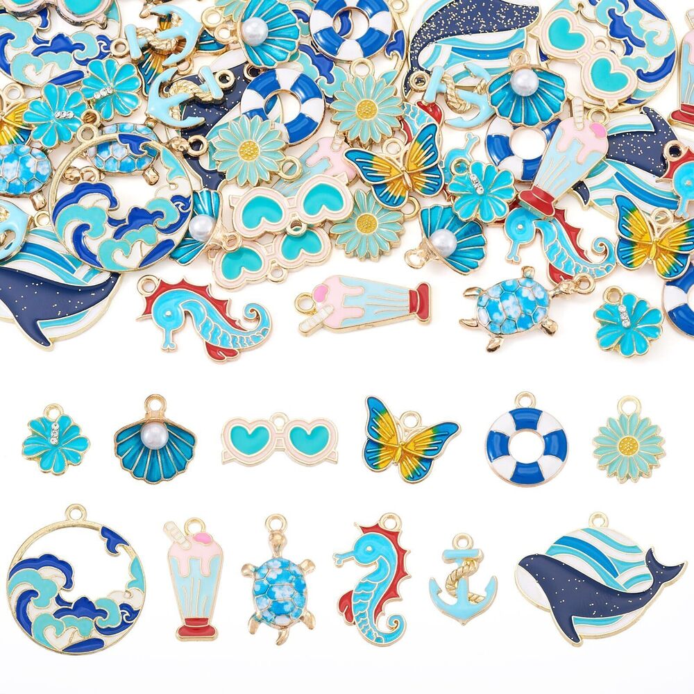 9573 48Pcs Blue Theme Assorted Enamel Charms Butterfly Sunflower Flower Ice